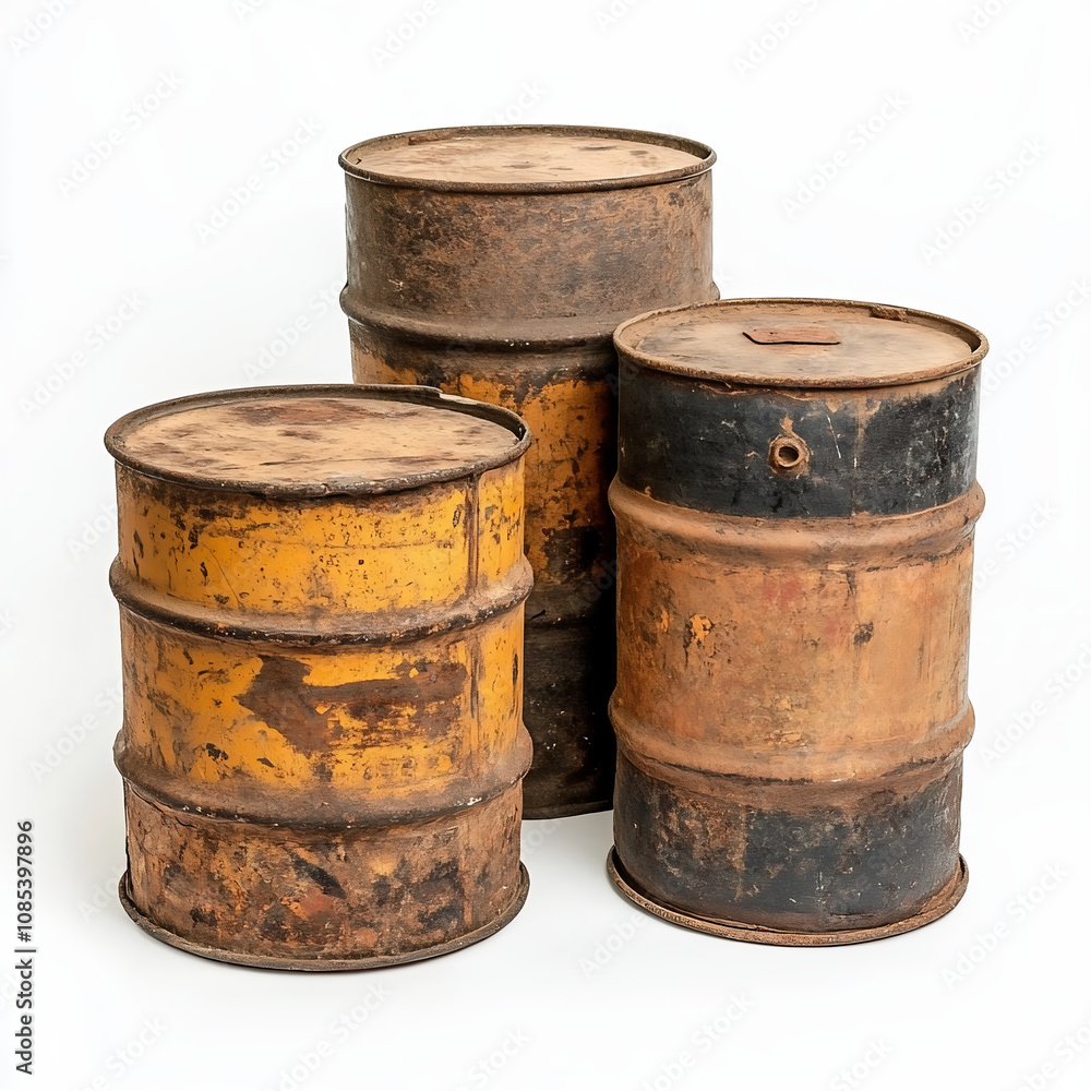 Three Rusty Industrial Metal Barrels Against White Background
Three Rusty Industrial Metal Barrels Against White Background
