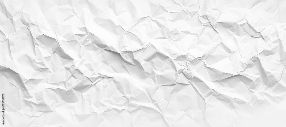 Fototapeta premium White Crumpled Paper Background. Closeup Texture of Wrinkled Unfolded Paper Sheet Top View.