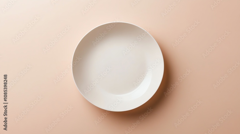 A white plate on a beige background. A white plate on a beige background.