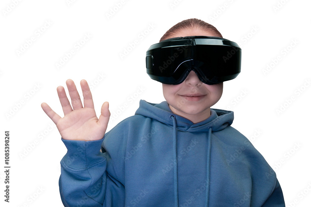 Portrait of a girl with a virtual reality headset in a blue hoodie on a transparent background. Virtual reality glasses. Cyberspace, entertainment, online leisure concept Portrait of a girl with a virtual reality headset in a blue hoodie on a transparent background. Virtual reality glasses. Cyberspace, entertainment, online leisure concept