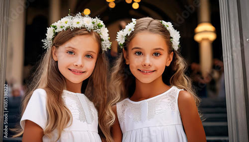 MENINAS FELIZ NO DIA DA SUA PRIMEIRA COMUNHÃO OU PRIMEIRA EUCARISTIA NA IGREJA photo