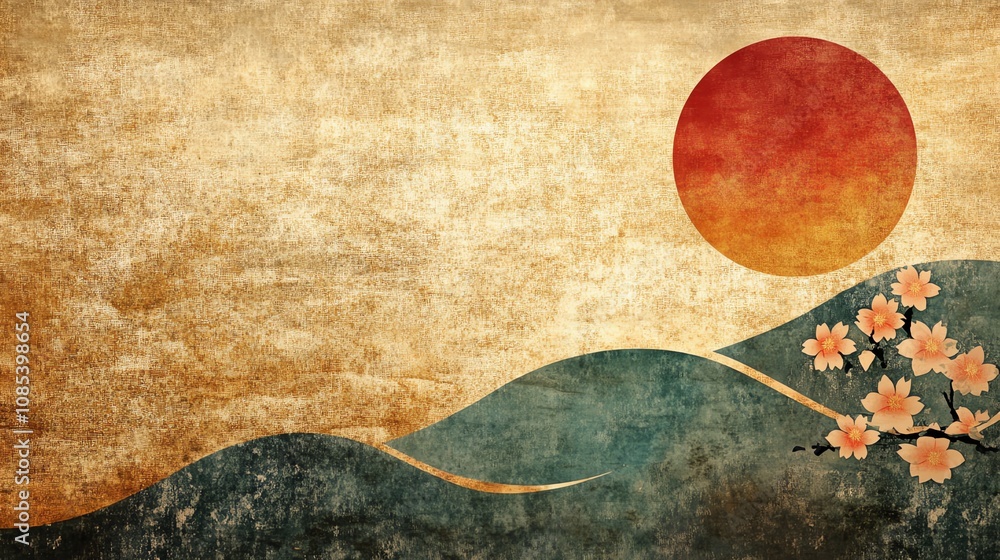 A Japanese-inspired design with a red sun and white cherry blossoms on a textured background. A Japanese-inspired design with a red sun and white cherry blossoms on a textured background.