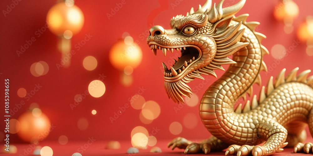 A Chinese dragon with golden scales stands in front of a red background, with a red lantern attached to its head and other lanterns nearby. A Chinese dragon with golden scales stands in front of a red background, with a red lantern attached to its head and other lanterns nearby.