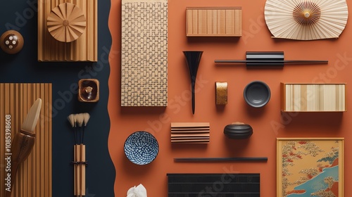 An arrangement of  Japanese inspired design objects on a blue and orange background. photo