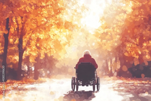 Elderly Person in Wheelchair Enjoying Nature in Watercolor