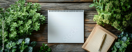 Blank notepad surrounded by greenery on wooden surface.