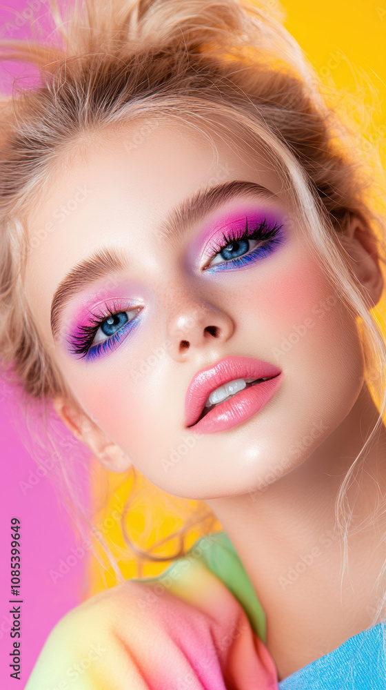young woman with vibrant makeup featuring pink and purple shades, smiling against colorful background. Her hair is styled in casual updo, adding to playful vibe young woman with vibrant makeup featuring pink and purple shades, smiling against colorful background. Her hair is styled in casual updo, adding to playful vibe