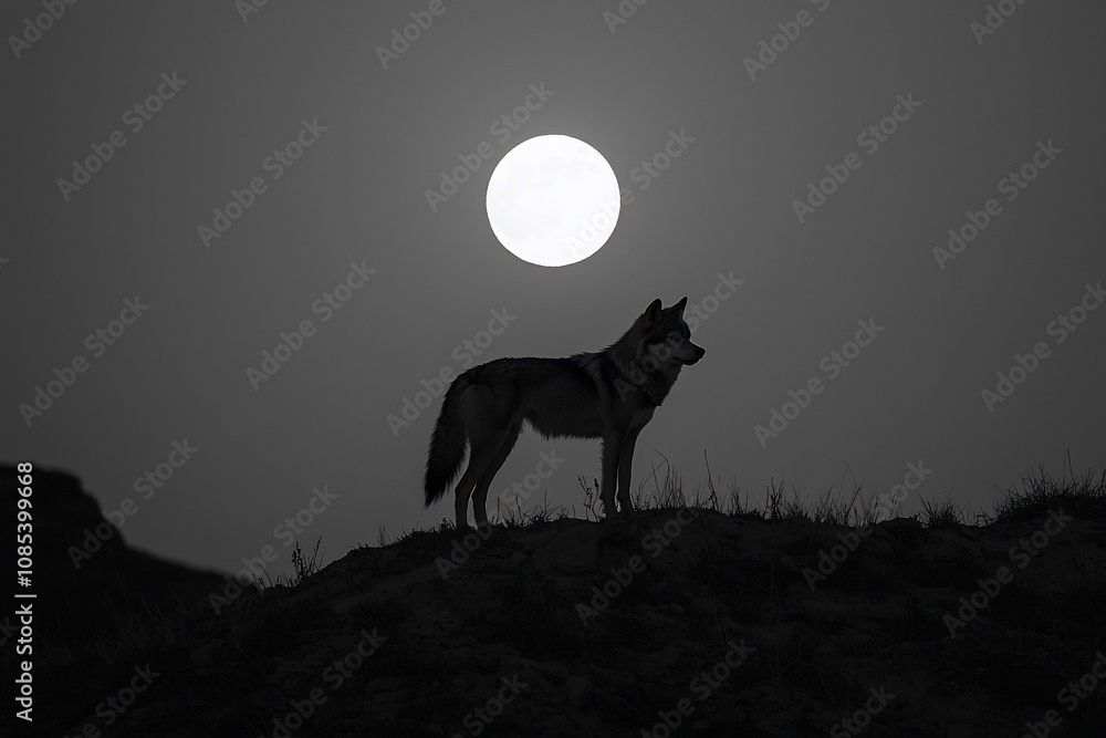 Silhouetted Wolf Against a Full Moon in Moody Black and White Silhouetted Wolf Against a Full Moon in Moody Black and White