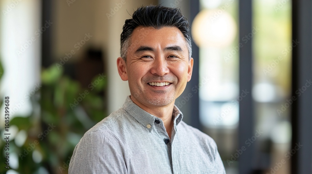 Fototapeta premium Portrait of a Smiling Middle-Aged Man with Short Black Hair in Casual Gray Shirt in Modern Indoor Space with Plants and Natural Light