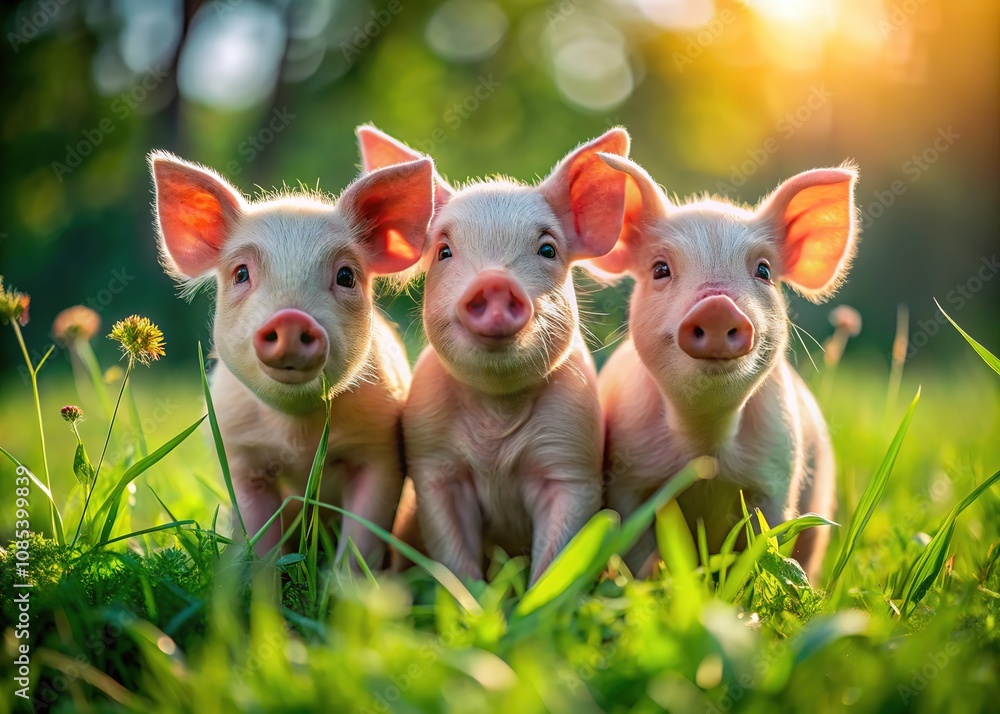 Cute Pigs in Summer Field - AI Photorealistic Photography Cute Pigs in Summer Field - AI Photorealistic Photography