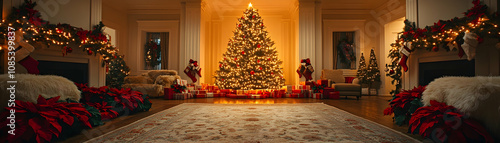 Christmas living room with tree, fireplace, presents, and poinsettias.
