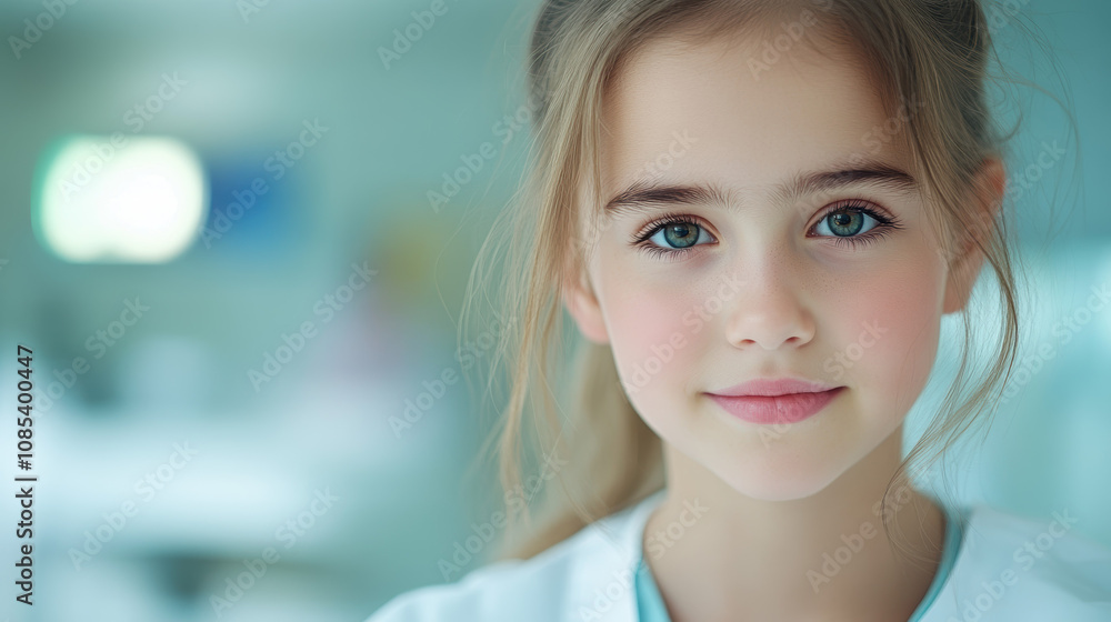 young girl with blue eyes and light brown hair, wearing medical coat, smiles softly in bright, clinical environment. Her expression conveys warmth and curiosity young girl with blue eyes and light brown hair, wearing medical coat, smiles softly in bright, clinical environment. Her expression conveys warmth and curiosity