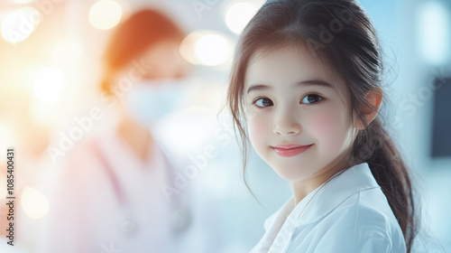 young girl in white lab coat smiles warmly, showcasing bright and hopeful expression in medical setting. background features blurred figure, enhancing focus on her