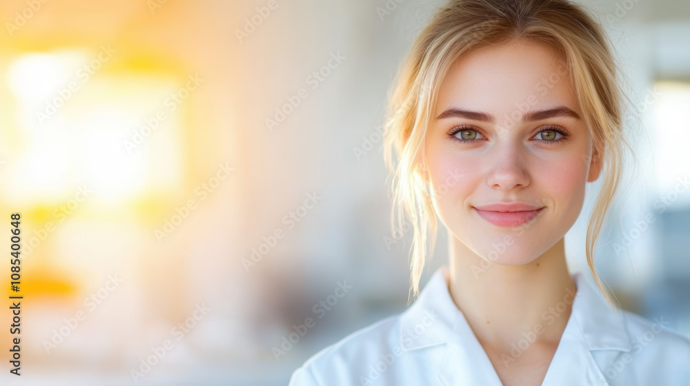 Smiling woman in white lab coat, bright background, healthcare professional, confident expression, natural beauty, soft lighting, portrait, modern setting, friendly atmosphere Smiling woman in white lab coat, bright background, healthcare professional, confident expression, natural beauty, soft lighting, portrait, modern setting, friendly atmosphere