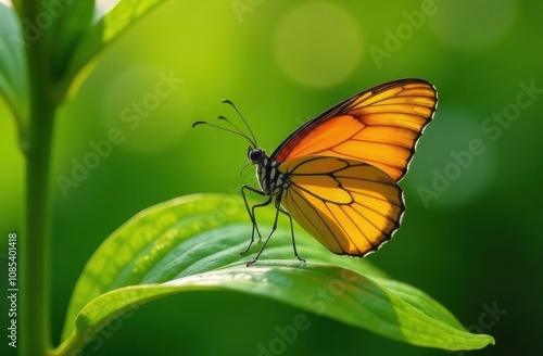 orange butterfly on a leaf, green background