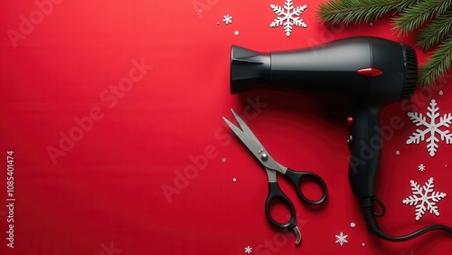 Black hair dryer and scissors on a red Christmas background