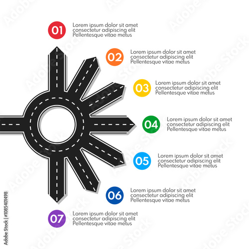 road line with ring crossroad and 7 different exits, vector infographics template