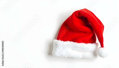 Santa, hat, red, white, Christmas, festive, holiday, isolated, background, seasonal, winter, traditional, cozy, cheerful, decoration, iconic, merry, jolly, soft, fabric, fluffy, velvet, headwear, photo