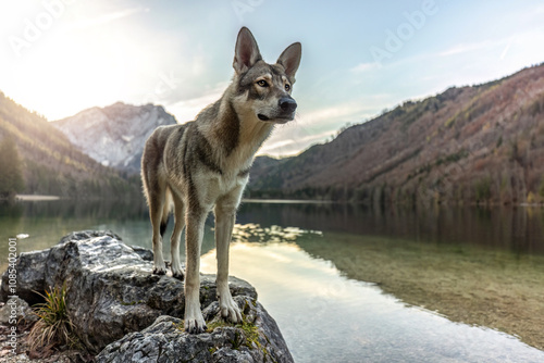 Adventure concept: A wolf dog in front of a beautiful lake and mountain landscape photo