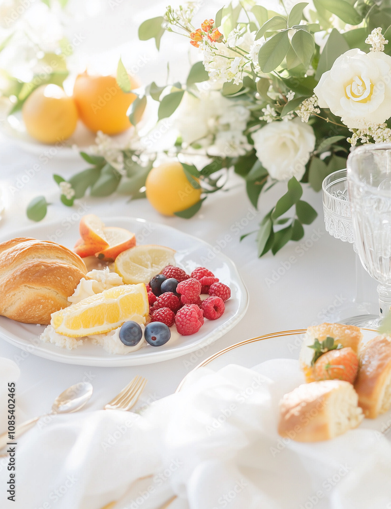 A delicious summer-inspired dessert setup with an assortment of fresh fruits, including berries and citrus, accompanied by delicate pastries under gentle natural light A delicious summer-inspired dessert setup with an assortment of fresh fruits, including berries and citrus, accompanied by delicate pastries under gentle natural light