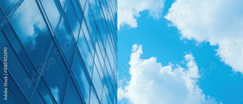 Glass Facade of a Modern Building Reflecting a Blue Sky with White Clouds