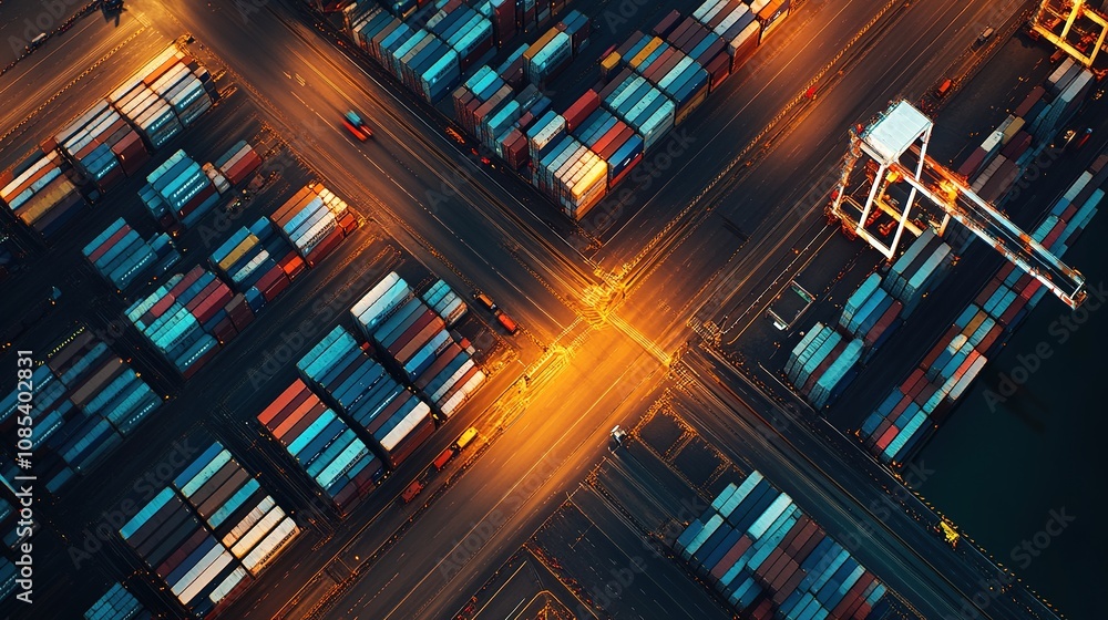 Aerial View of a Busy Container Port at Dusk with Colorful Shipping Containers and Cranes, Showcasing Maritime Logistics and Global Trade Operations Aerial View of a Busy Container Port at Dusk with Colorful Shipping Containers and Cranes, Showcasing Maritime Logistics and Global Trade Operations