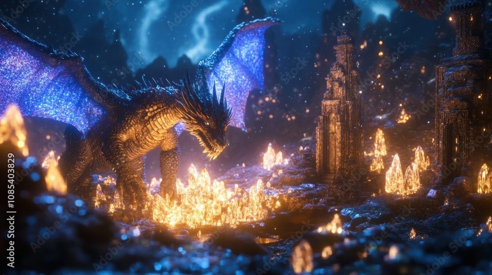 Obraz premium Dragon guarding a magical portal surrounded by glowing crystals and ancient ruins