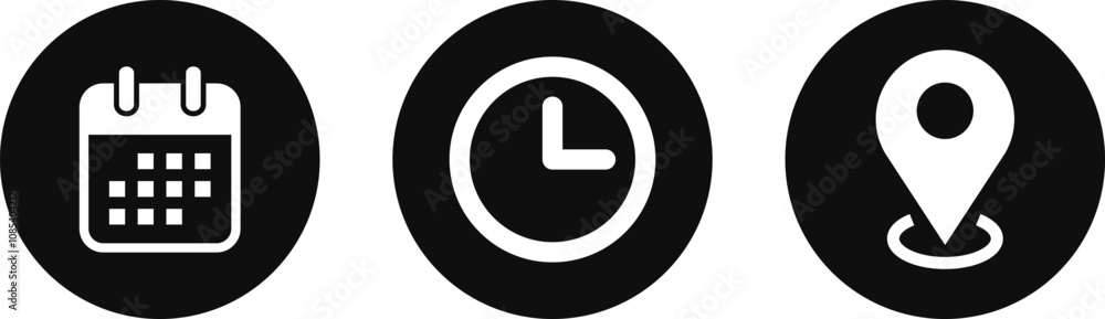 Clock, calendar, location pin icon set. Information sign business concept. Stopwatch timer icon symbol
Clock, calendar, location pin icon set. Information sign business concept. Stopwatch timer icon symbol