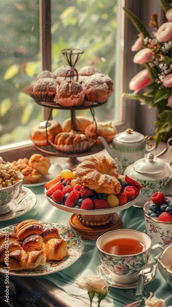 Naklejka premium A beautifully arranged tea table featuring an assortment of pastries, fruits, and a delicate tea set, set against a backdrop of green foliage.