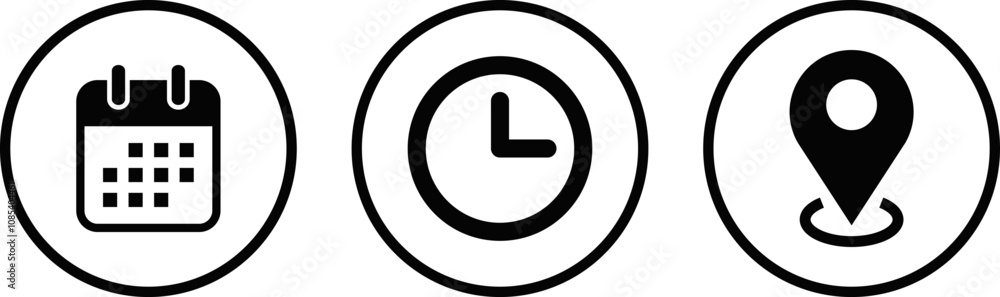 Set of Time, date, address icon . Event elements. pin map location sign symbol. Sign business
Set of Time, date, address icon . Event elements. pin map location sign symbol. Sign business