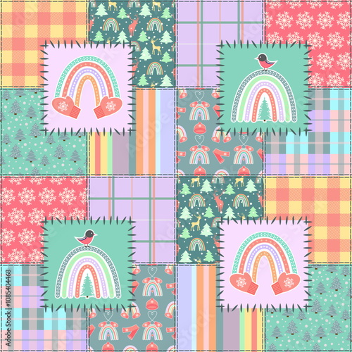 Christmas Boho Rainbow Patchwork Style Seamless Pattern