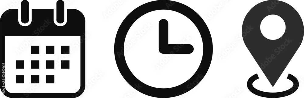 Time, date, address icon set. Clock, pin map location. Information sign business concept. Address location icon
Time, date, address icon set. Clock, pin map location. Information sign business concept. Address location icon