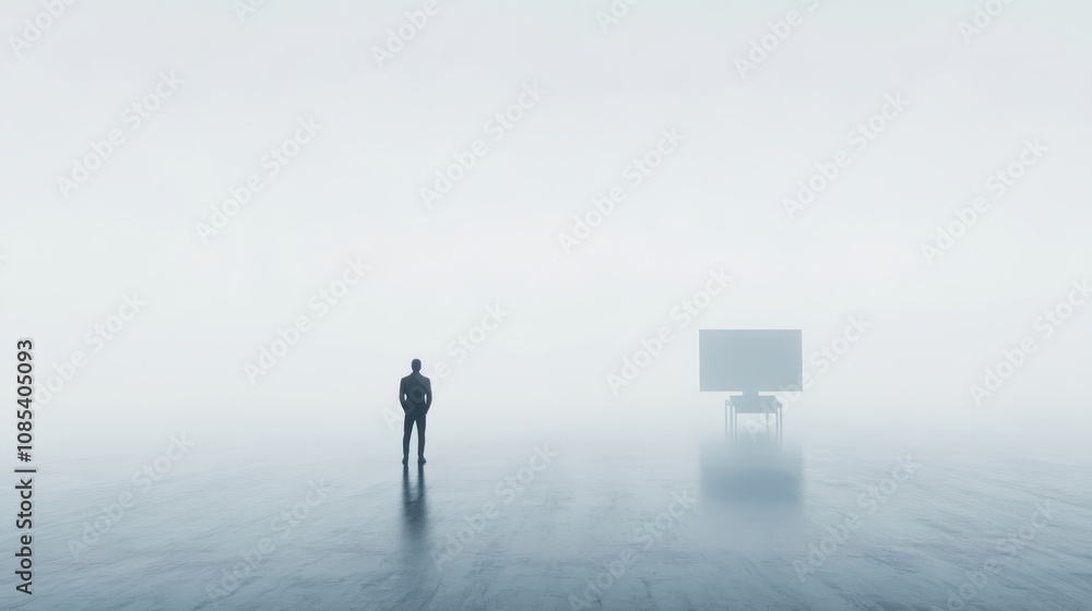 Solitude in the Mist: A lone figure stands amidst a dense fog, gazing towards a mysterious object in the distance. The scene evokes a sense of isolation, uncertainty, and the unknown. Solitude in the Mist: A lone figure stands amidst a dense fog, gazing towards a mysterious object in the distance. The scene evokes a sense of isolation, uncertainty, and the unknown.