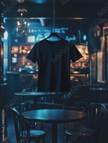 Black T-shirt Mockup in a Moody Bar Setting:  A black t-shirt hangs on a hanger in a dimly lit bar, creating a minimalist and stylish mockup for your design. photo