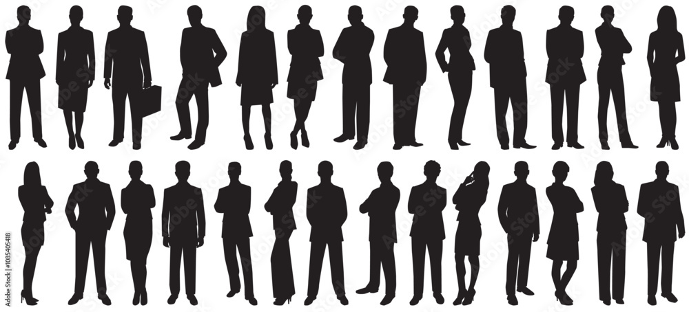Silhouettes of people working group of standing business people vector illustration on isolated white background. Businessman and businesswoman working people standing. Silhouettes of people working group of standing business people vector illustration on isolated white background. Businessman and businesswoman working people standing.