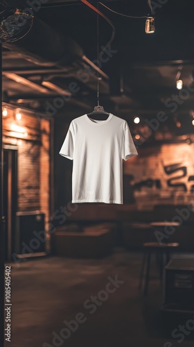 Blank T-Shirt Hanging in a Dimly Lit Room: A simple white t-shirt hangs on a hanger in a dimly lit, industrial setting. The background, with its textured brick walls and exposed pipes.