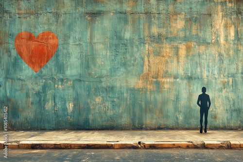 Wallpaper Mural Silhouette Walking Towards a Red Heart on a Weathered Wall AI Generated Torontodigital.ca