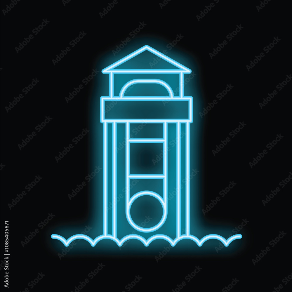 Blue glowing neon sign representing a water park tower attraction on a black background Blue glowing neon sign representing a water park tower attraction on a black background