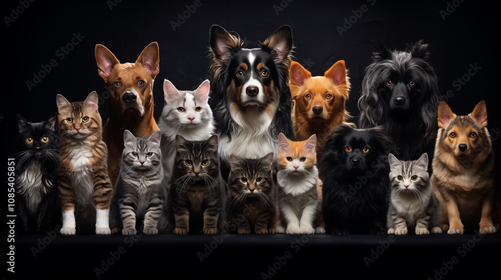Obraz premium Collage set of different cats and dogs isolated on black background 