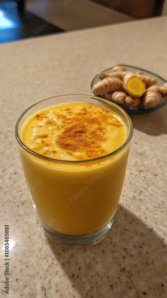 Golden milk smoothie in a frosted glass with a sprinkle of cinnamon, placed on a light beige countertop with a small dish of turmeric and ginger roots nearby Golden milk smoothie in a frosted glass with a sprinkle of cinnamon, placed on a light beige countertop with a small dish of turmeric and ginger roots nearby