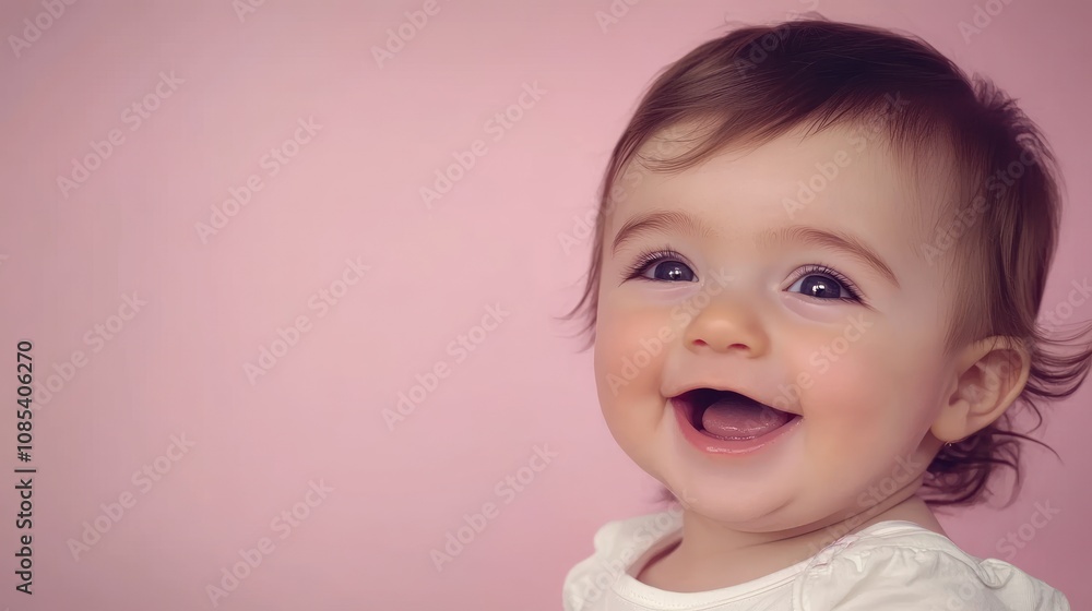 A joyful baby smiling against a soft pink background. A joyful baby smiling against a soft pink background.