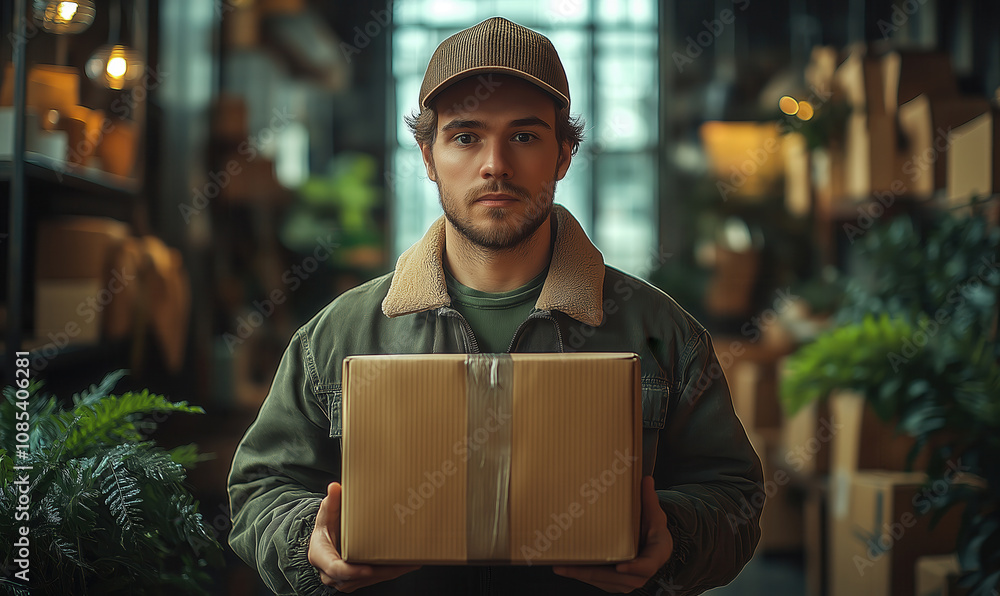 Indoors delivery courier holds parcel in front of him. Indoors delivery courier holds parcel in front of him.