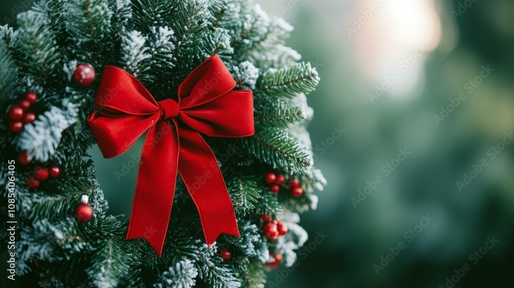 A festive wreath with a big red bow. A festive wreath with a big red bow.