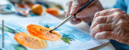 Senior woman painting watercolor flowers as art therapy – creative dementia care activity promoting cognitive wellness and elderly mental health