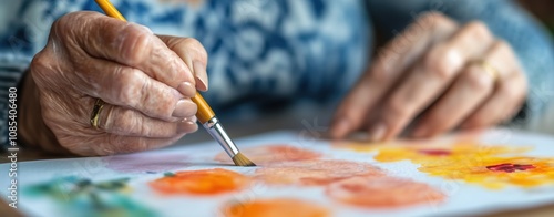 Senior woman painting watercolor flowers as art therapy – creative dementia care activity promoting cognitive wellness and elderly mental health