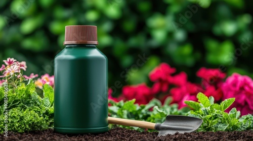 Weed control organic herb herbicide spray concept Eco-Friendly Weed Killer Bottle Displayed in a Garden Setting Surrounded by Lush Greenery and Colorful Flowers, Capturing a Natural and Sustainable Ga photo