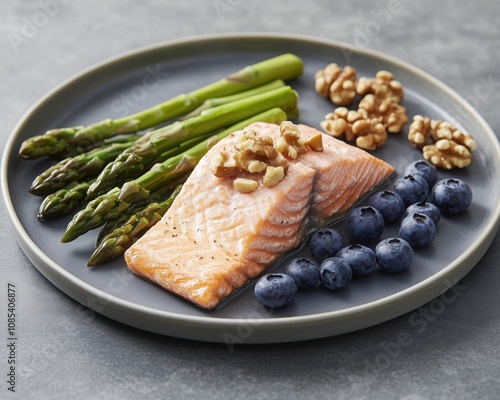  Wellness Foods  for Dementia Care Table setup with memory-boosting foods: a plate of baked salmon, steamed asparagus, walnuts, and blueberries, styled on a clean slate-gray table wit photo