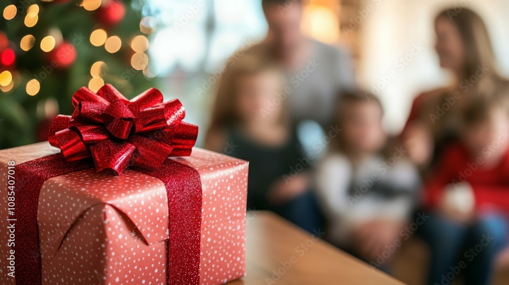 A red gift box with a large bow sits on a table, a Christmas tree and family are blurred in the background. A red gift box with a large bow sits on a table, a Christmas tree and family are blurred in the background.