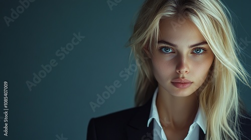 Captivating Portrait of a Young Woman with Striking Blue Eyes and Flowing Blonde Hair in a Classic Black Suit Against a Minimalist Background