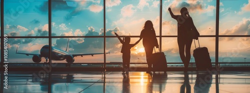 Family Departure: Silhouette of Family at Airport, Plane in Background photo